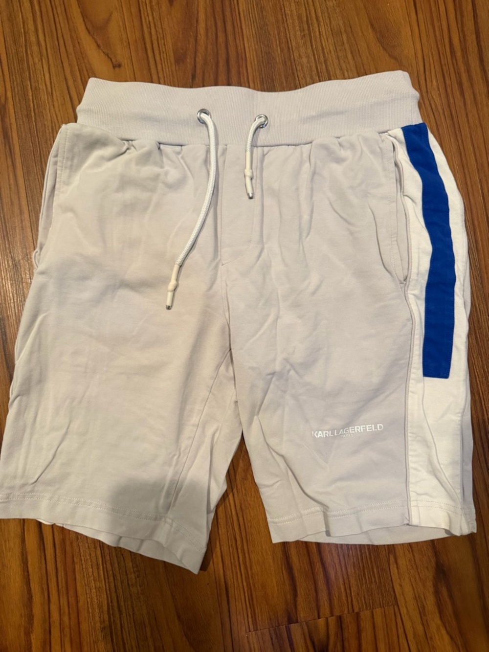 Karl Lagerfeld Men's beige Drawstring Athletic Shorts with Blue Trim